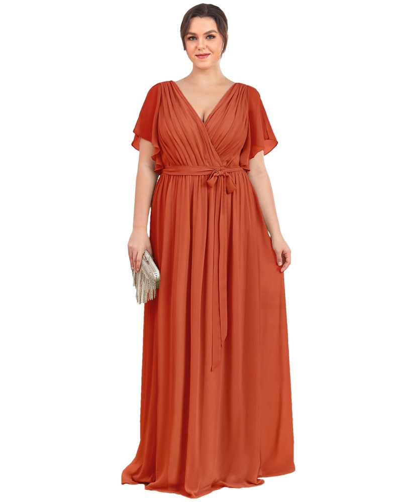 Front of a model wearing a size 10 A-Line Pleated Chiffon Tie-Waist Evening Dress in Burnt Orange by Ever-Pretty. | dia_product_style_image_id:301687